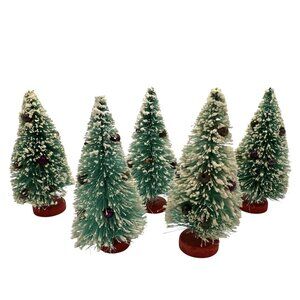 1960’s Vintage Flocked Bottle Brush Trees W/ Mercury Glass Ornaments Set Of 5